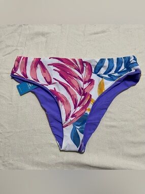 Purple Tropical Leaf Print Bikini Bottom with Pink & Blue Accents size L